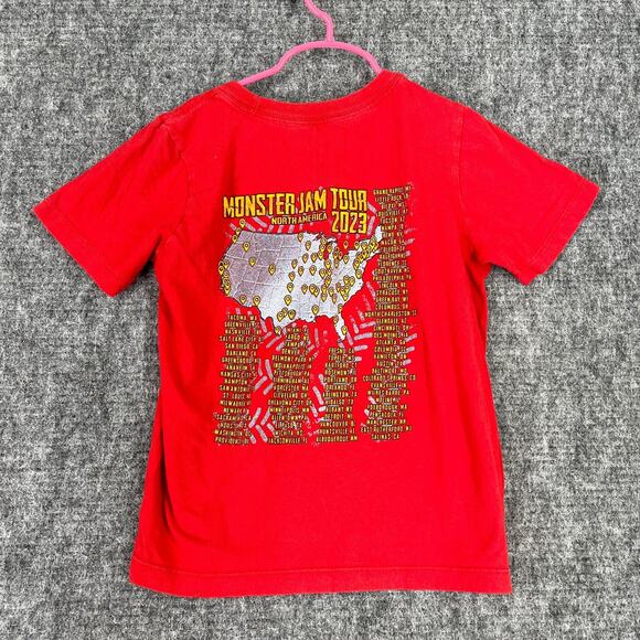 Monster Jam Shirt Boys S Red 2023 North‎ America Tour Trucks Grave Digger 4x4 - Picture 2 of 6